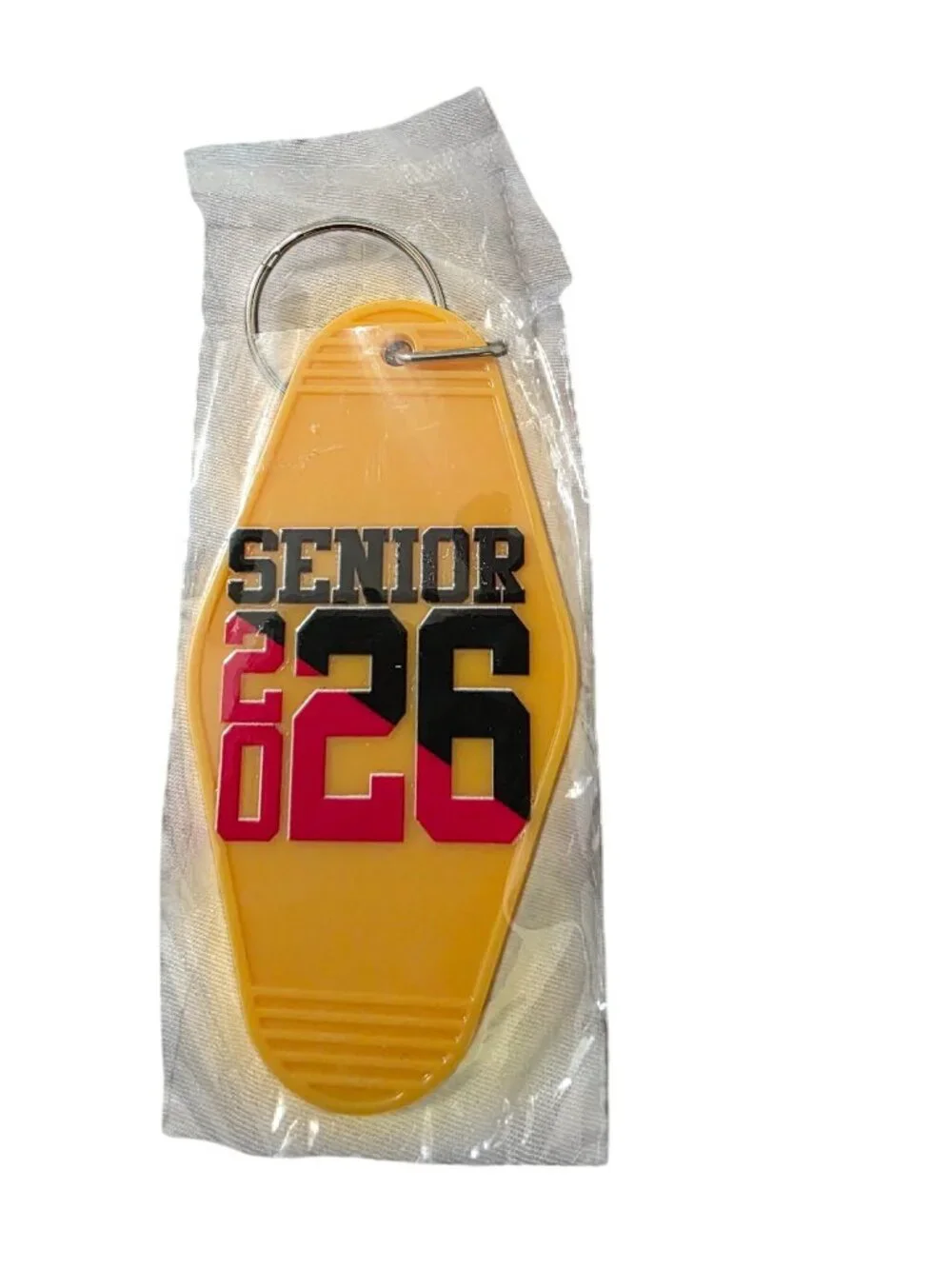 Senior Class Of 2026 Yellow Plastic Keychain With Bold Black & Pink Text